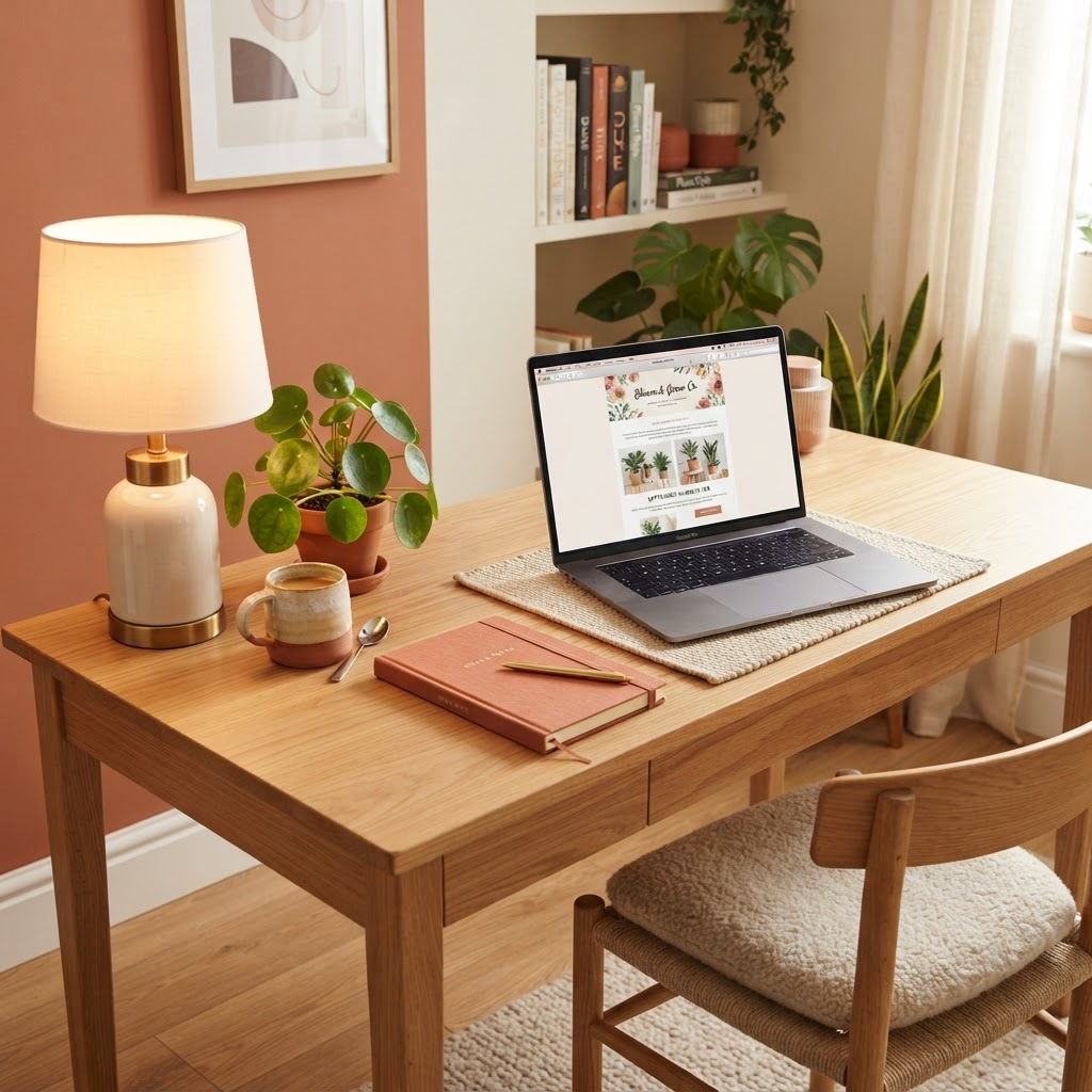 A home office workspace with a laptop displaying a newsletter template, a notebook, and a warm desk lamp